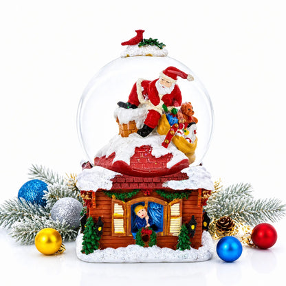Santa with Christmas Gifts Chimney Journey Musical Water Snow Globe