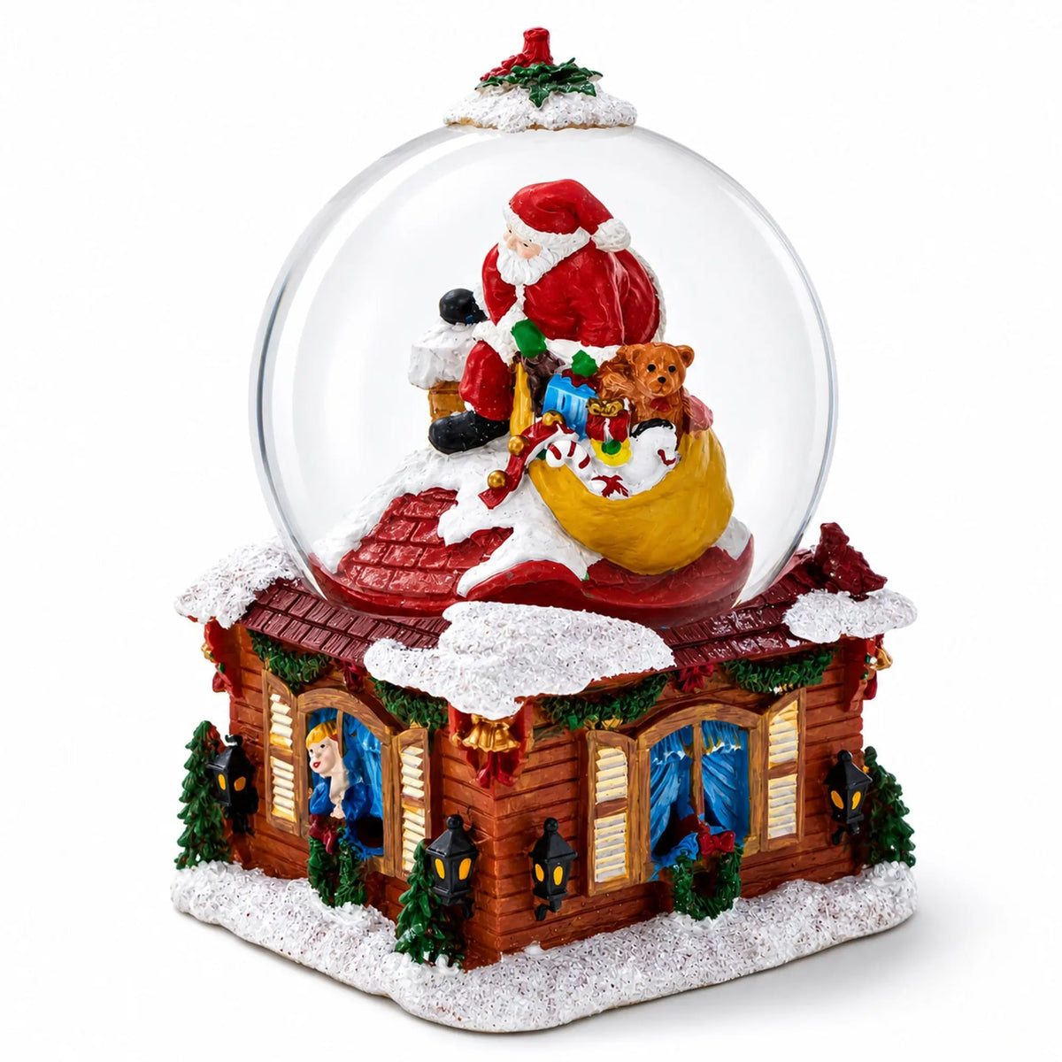 Santa with Christmas Gifts Chimney Journey Musical Water Snow Globe
