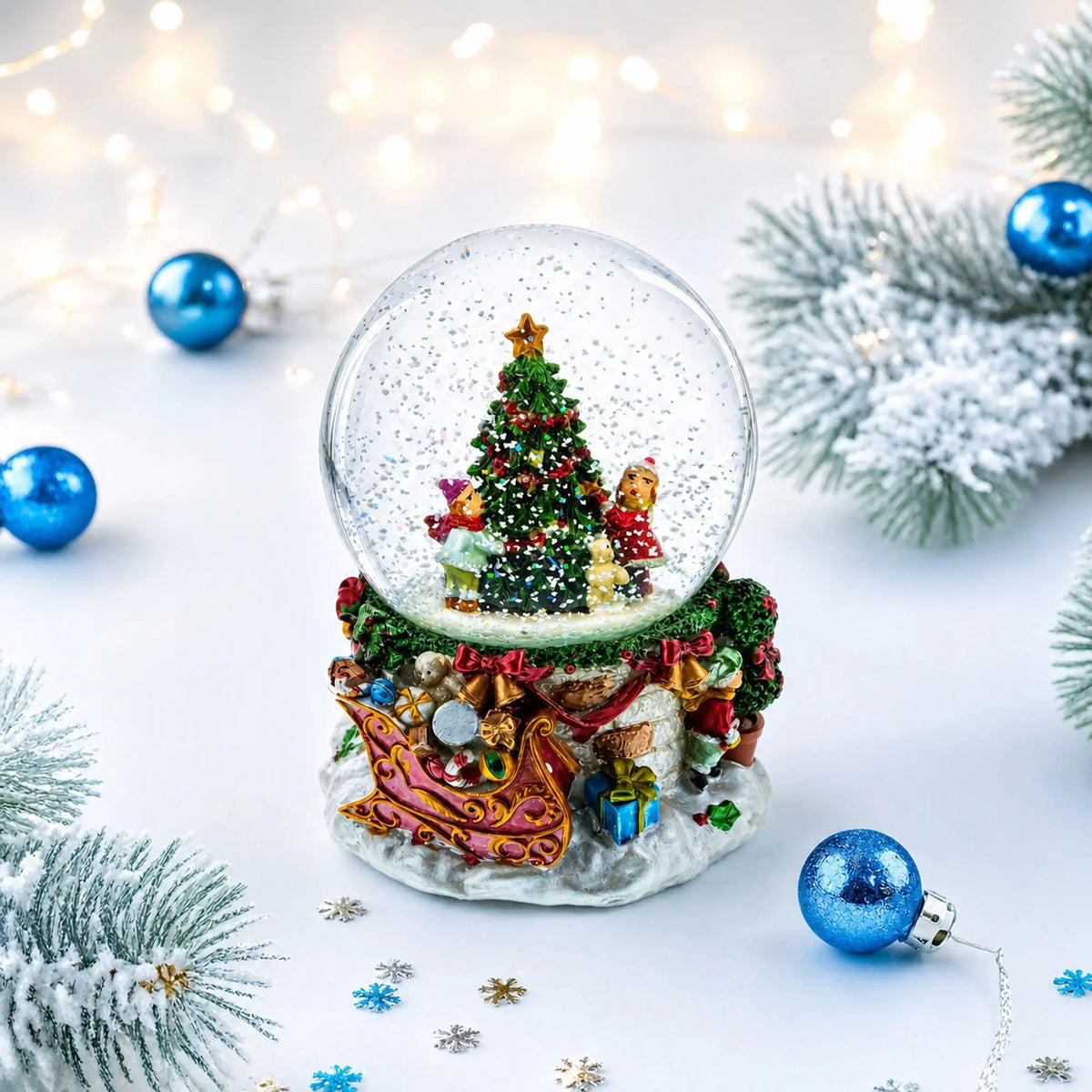 Joyful Children Adorning Christmas Tree: Musical Water Snow Globe