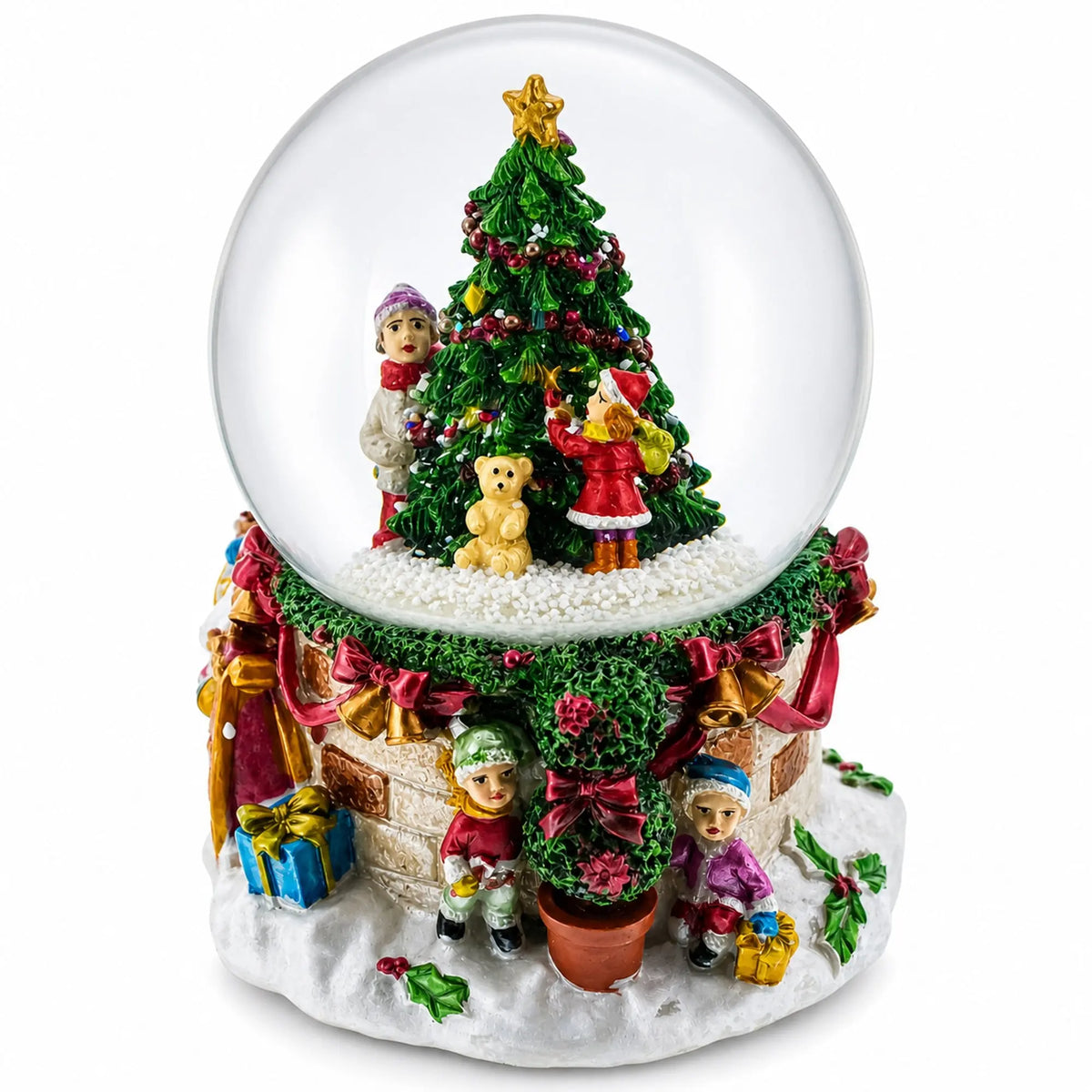 Joyful Children Adorning Christmas Tree: Musical Water Snow Globe