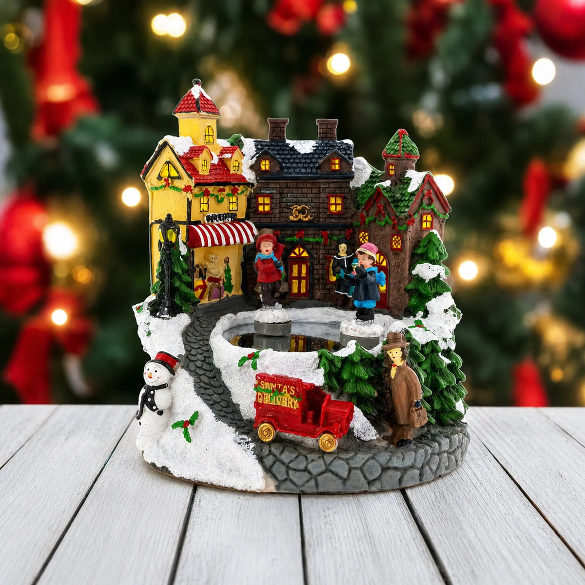 Animated Winter Village Skating Christmas Figurine - Rotating Town Music Box