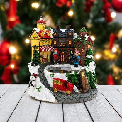 Animated Winter Village Skating Christmas Figurine - Rotating Town Music Box