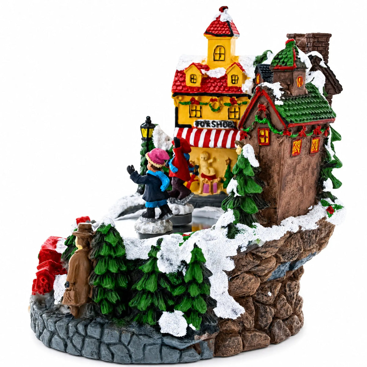 Animated Winter Village Skating Christmas Figurine - Rotating Town Music Box