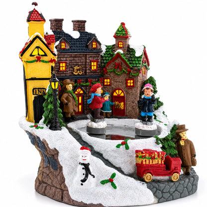 Animated Winter Village Skating Christmas Figurine - Rotating Town Music Box