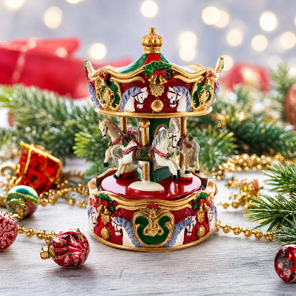 Animated Musical Christmas Carousel Figurine - Rotating Horse Music Box