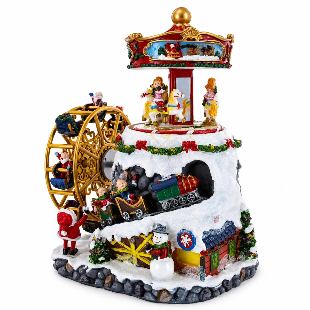 Musical Christmas rotating figurine with carriage wheel and painted character scene