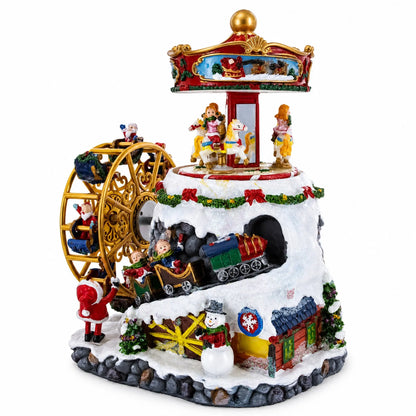 Musical Christmas rotating figurine with carriage wheel and painted character scene