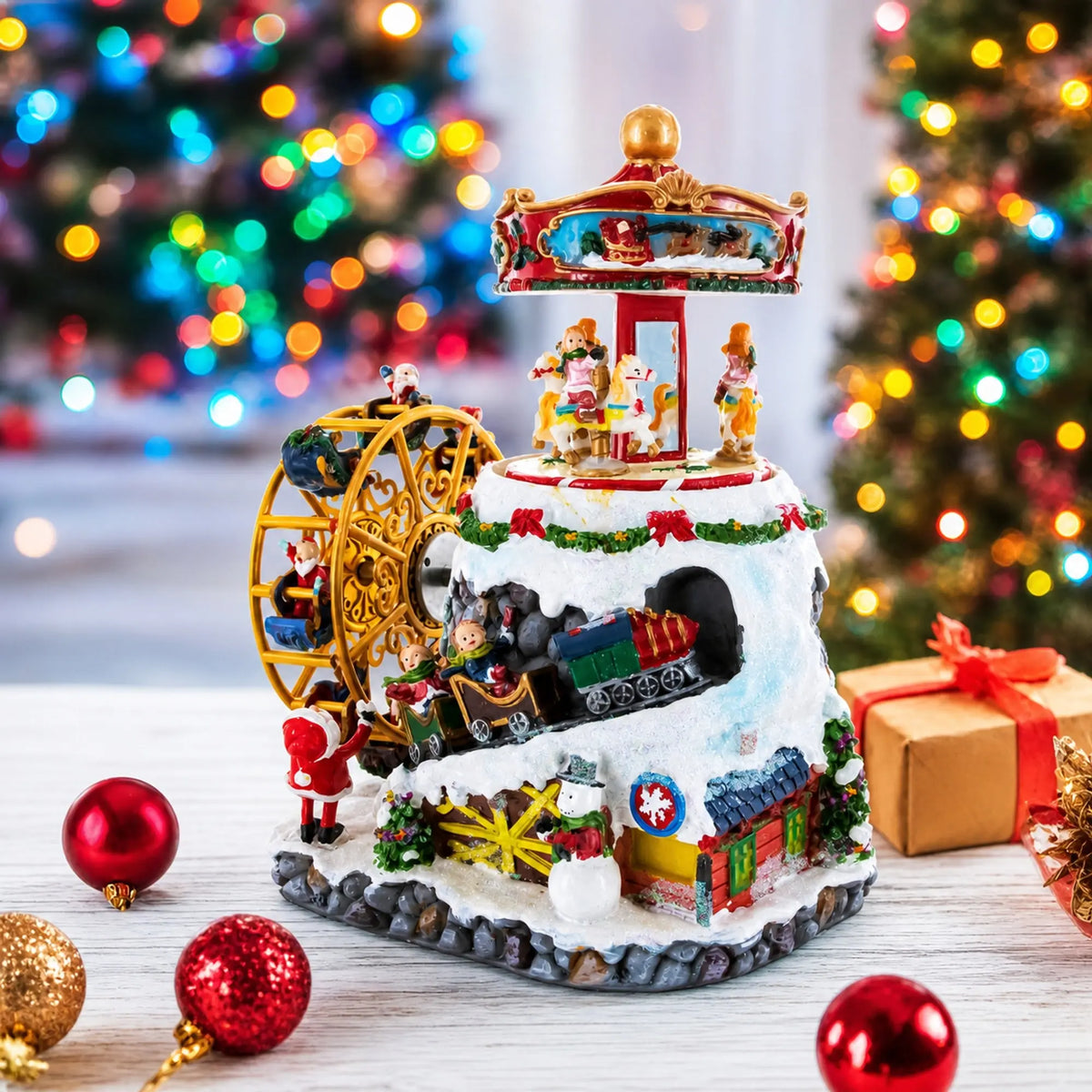 Musical Christmas rotating figurine with gold carriage wheel and character carousel roof