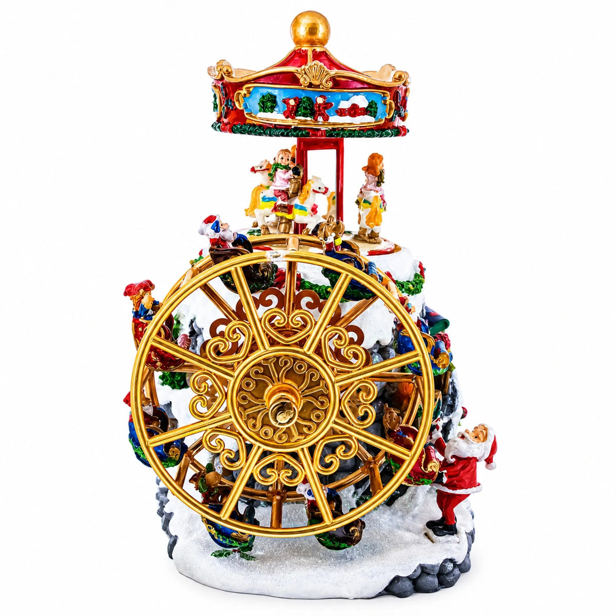 Musical Christmas rotating figurine, gold front wheel with painted roof and figures