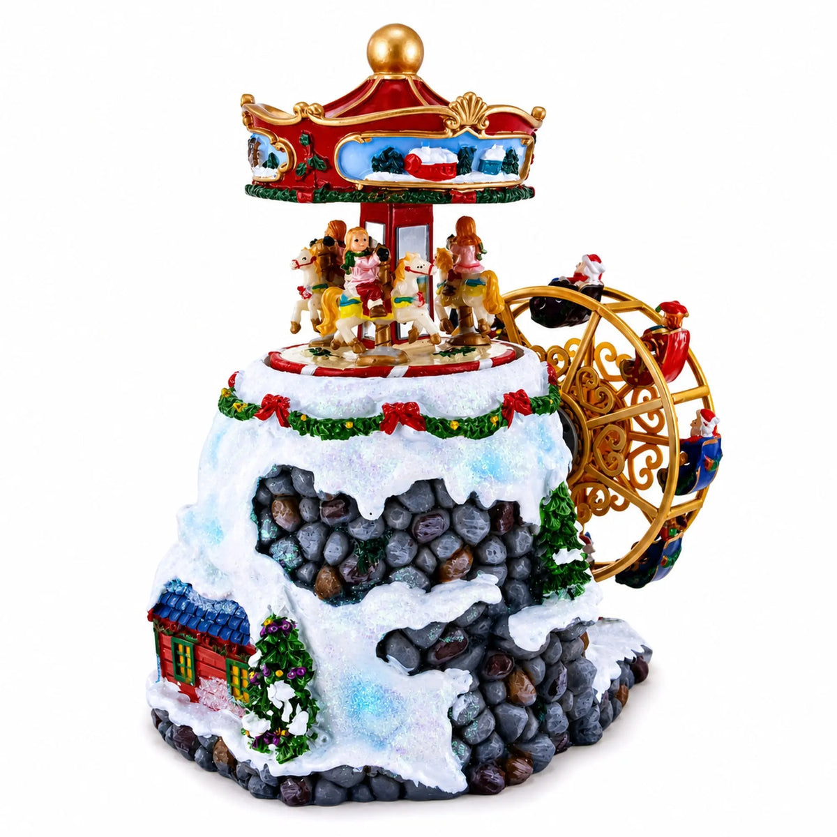 Musical Christmas rotating figurine with carriage wheel, house detail and train elements