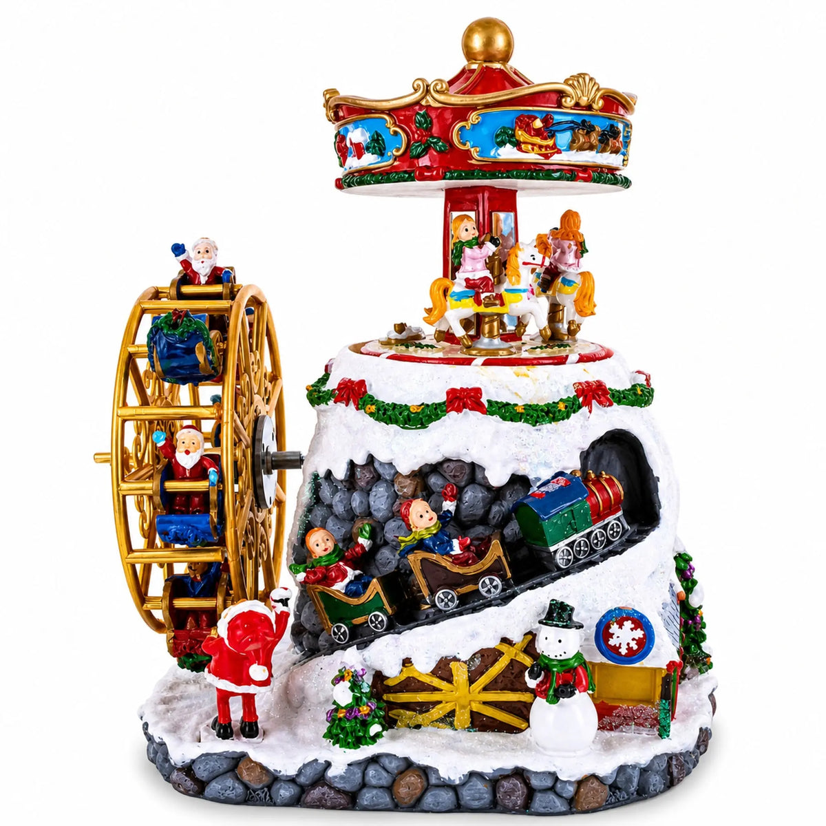 Musical Christmas rotating figurine with carriage wheel, nutcracker figures and train wagon