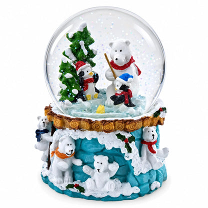 Bear and Penguins Fishing Musical Christmas Water Snow Globe