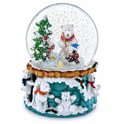Bear and Penguins Fishing Musical Christmas Water Snow Globe