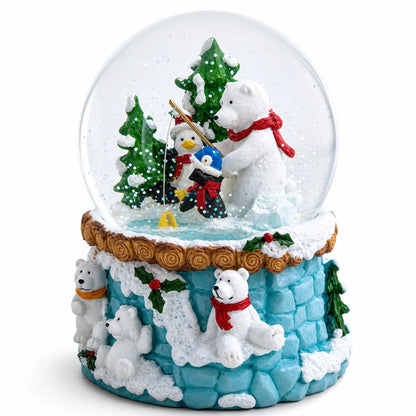Bear and Penguins Fishing Musical Christmas Water Snow Globe