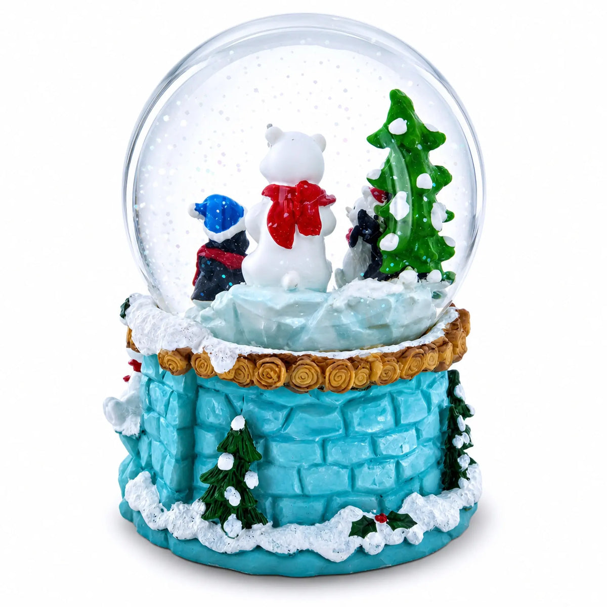 Bear and Penguins Fishing Musical Christmas Water Snow Globe
