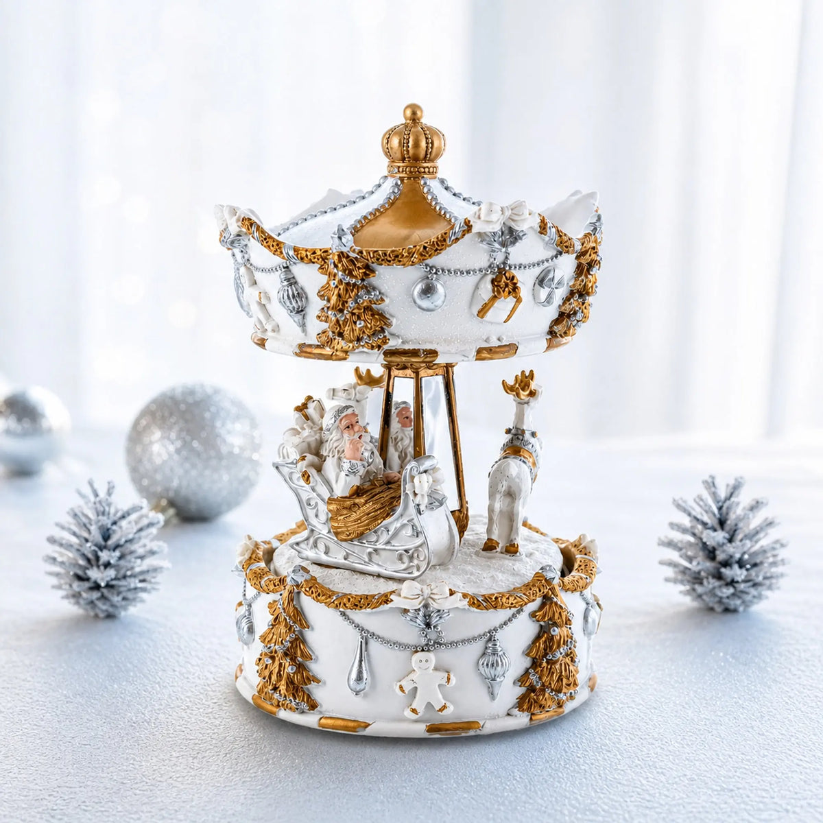 Santa's Reindeer Carousel: White Spinning Christmas Musical Box