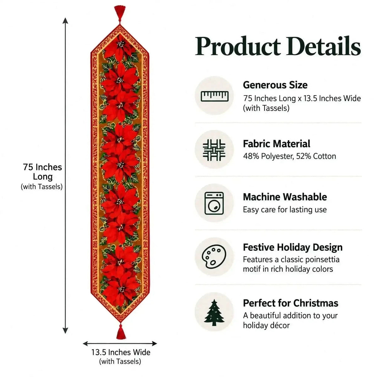 Poinsettia Flowers Christmas Tablecloth Holiday Runner 75 Inches Cartsfy Inc.