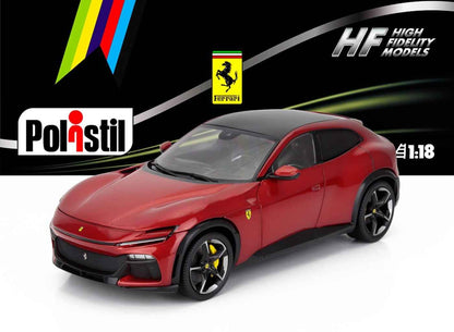 1:18 red metallic sports car model, front three-quarter view, black wheels