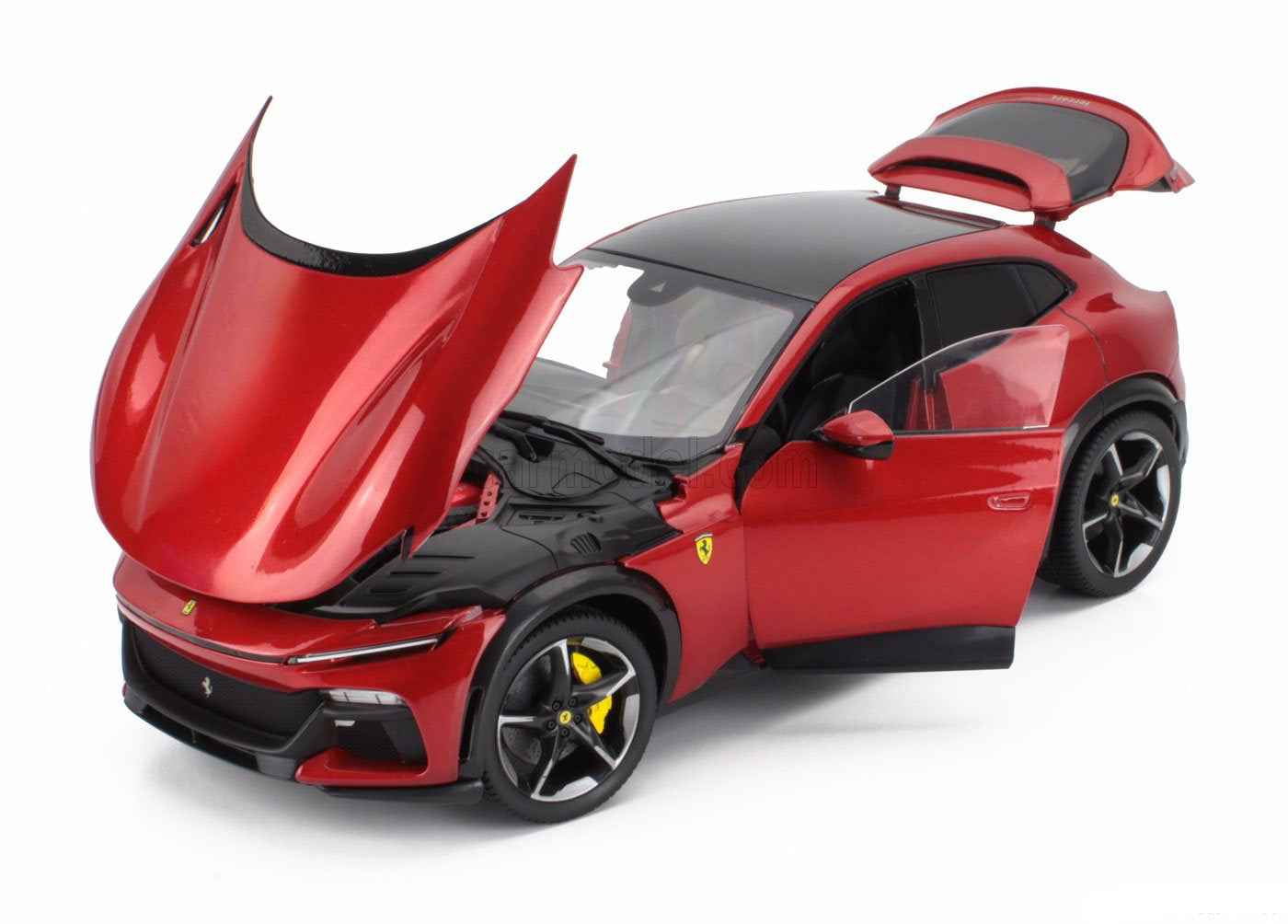 1:18 red metallic sports car model with doors open, front view, black wheels