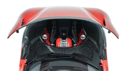1:18 red metallic sports car model, engine bay view with visible engine parts