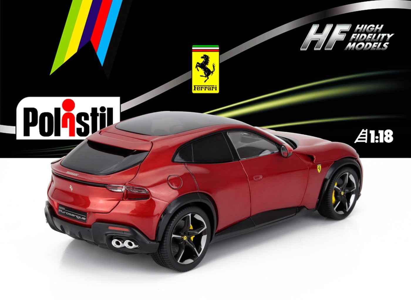 1:18 red metallic sports car model, rear three-quarter view, dual exhaust, black wheels