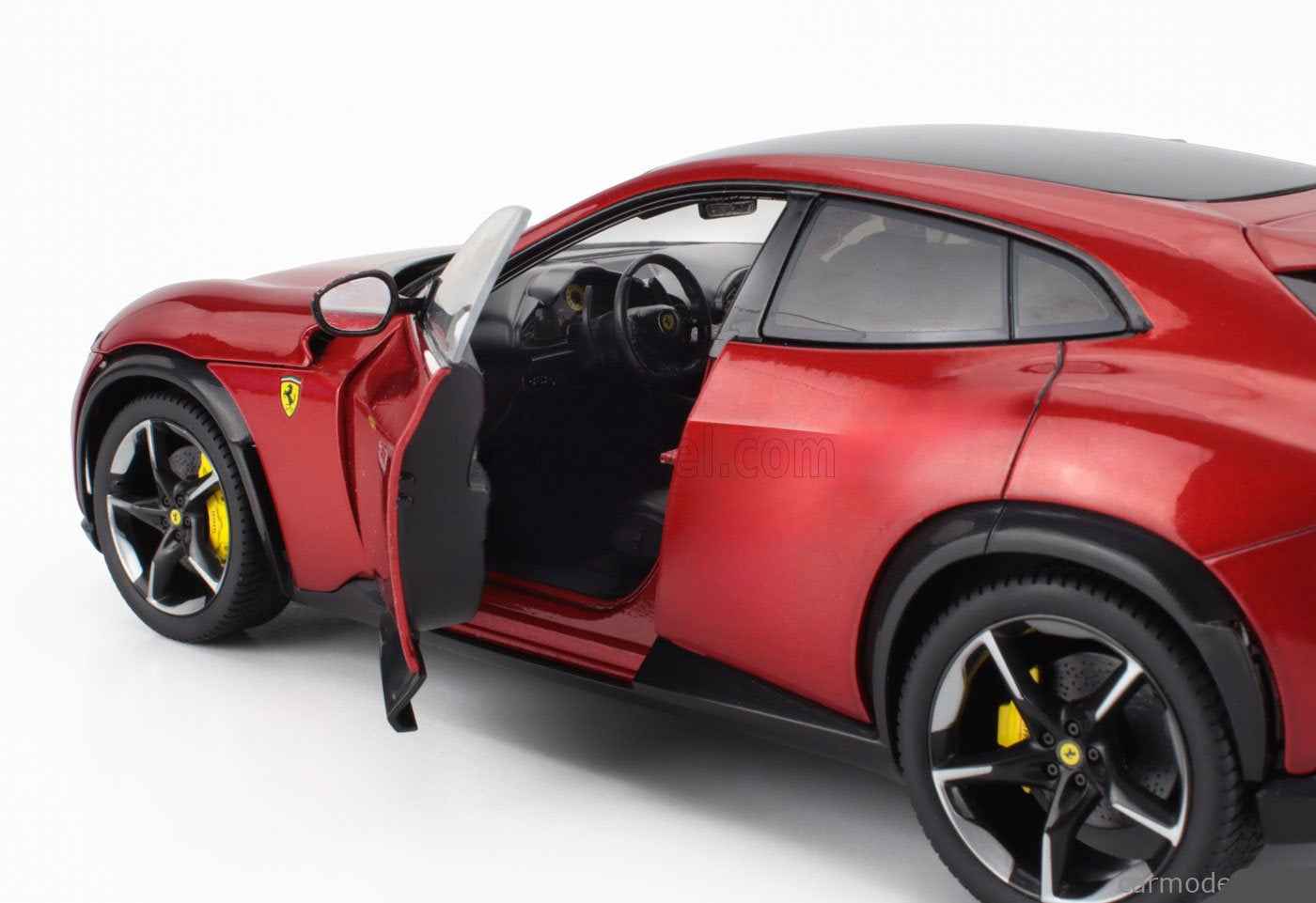 1:18 red metallic sports car model, driver door open, side view, black wheels