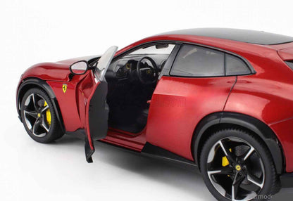 1:18 red metallic sports car model, driver door open, side view, black wheels