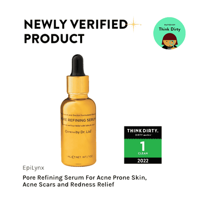 Amber serum bottle with black dropper shown with clean product badge