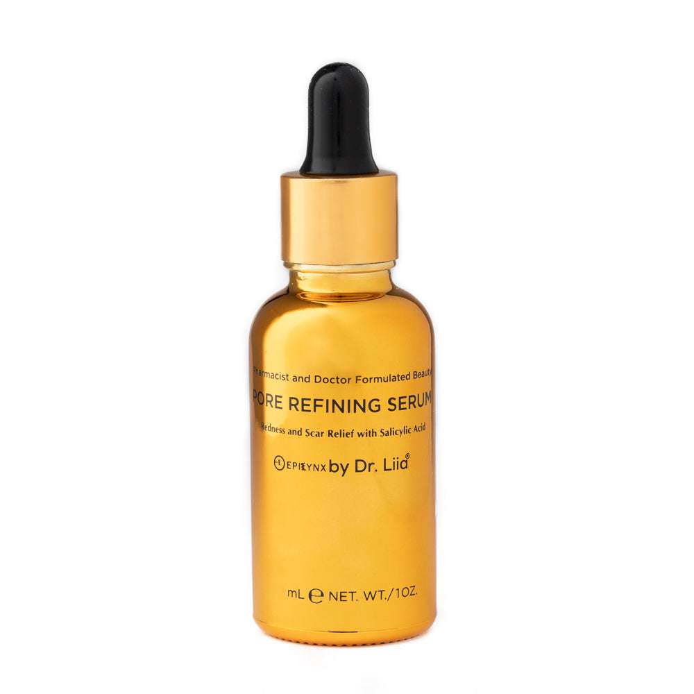 Amber glass serum bottle with black dropper, front label on display