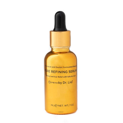Amber glass serum bottle with black dropper, front label on display