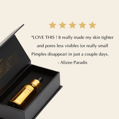 Facial serum in open box with star rating graphic and short review text.