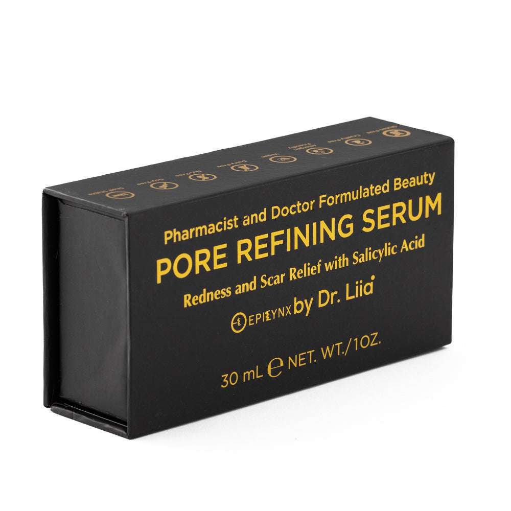 Rectangular black product box for pore refining serum, gold lettering