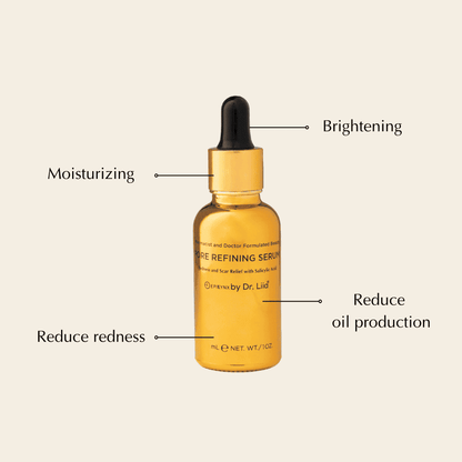 Amber serum bottle with black dropper, arrows indicating brightening and redness relief