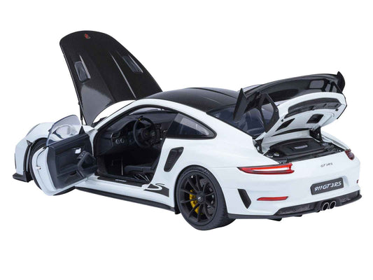 White 1:18 scale Porsche 911 GT3 RS model car with rear wing and open hood