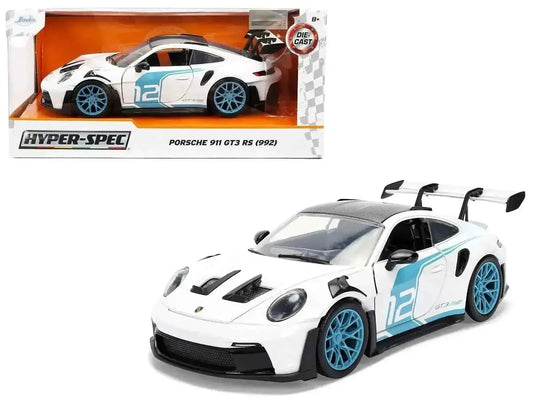 Porsche 911 GT3 RS (992) #12 White with Blue Stripes and Carbon Top "Hyper-Spec" Series 1/24 Diecast Model Car by Jada Cartsfy Inc.