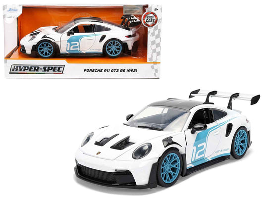 Porsche 911 GT3 RS (992) #12 White with Blue Stripes and Carbon Top "Hyper-Spec" Series 1/24 Diecast Model Car by Jada Cartsfy Inc.