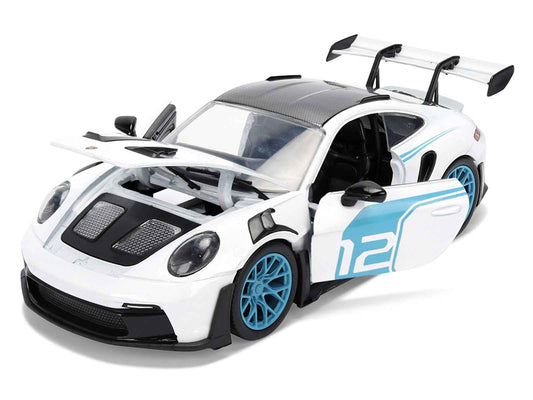 Porsche 911 GT3 RS (992) #12 White with Blue Stripes and Carbon Top "Hyper-Spec" Series 1/24 Diecast Model Car by Jada Cartsfy Inc.