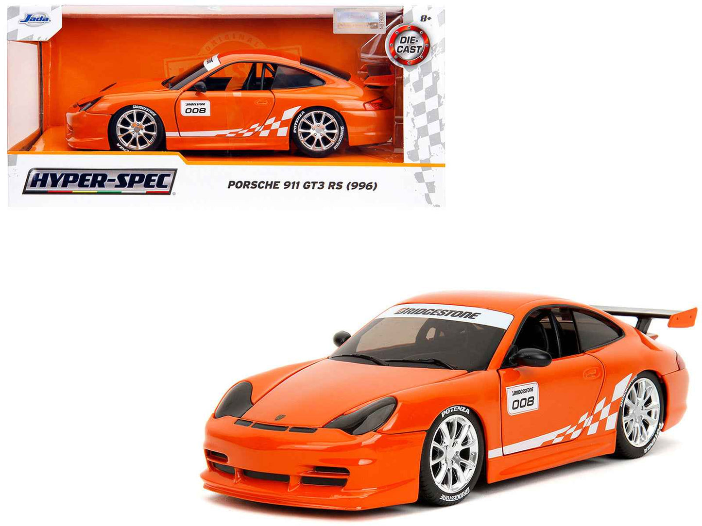 Porsche 911 GT3 RS (996) #008 "Bridgestone" Orange Metallic with White Graphics "Hyper-Spec" Series 1/24 Diecast Model Car by Jada Cartsfy Inc.