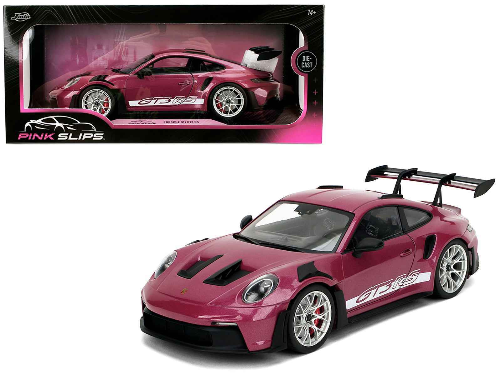 Porsche 911 GT3 RS diecast model car, magenta with white racing stripes and rear wing
