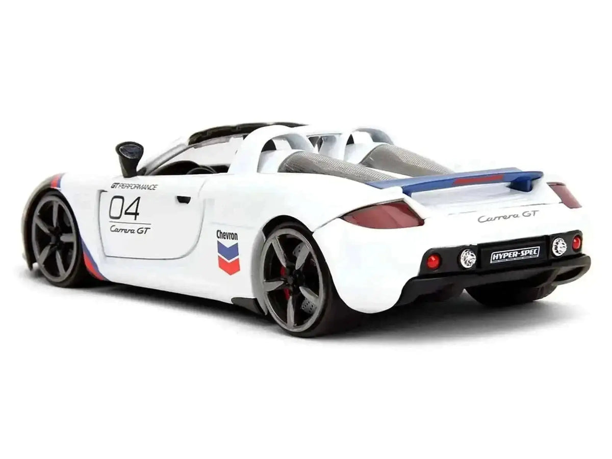 Porsche Carrera GT Convertible #04 "Chevron" White with Graphics "Hyper-Spec" Series 1/24 Diecast Model Car by Jada Cartsfy Inc.