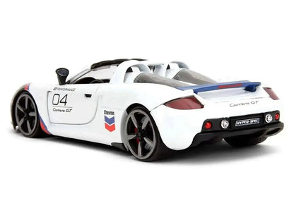 Porsche Carrera GT Convertible #04 "Chevron" White with Graphics "Hyper-Spec" Series 1/24 Diecast Model Car by Jada Cartsfy Inc.