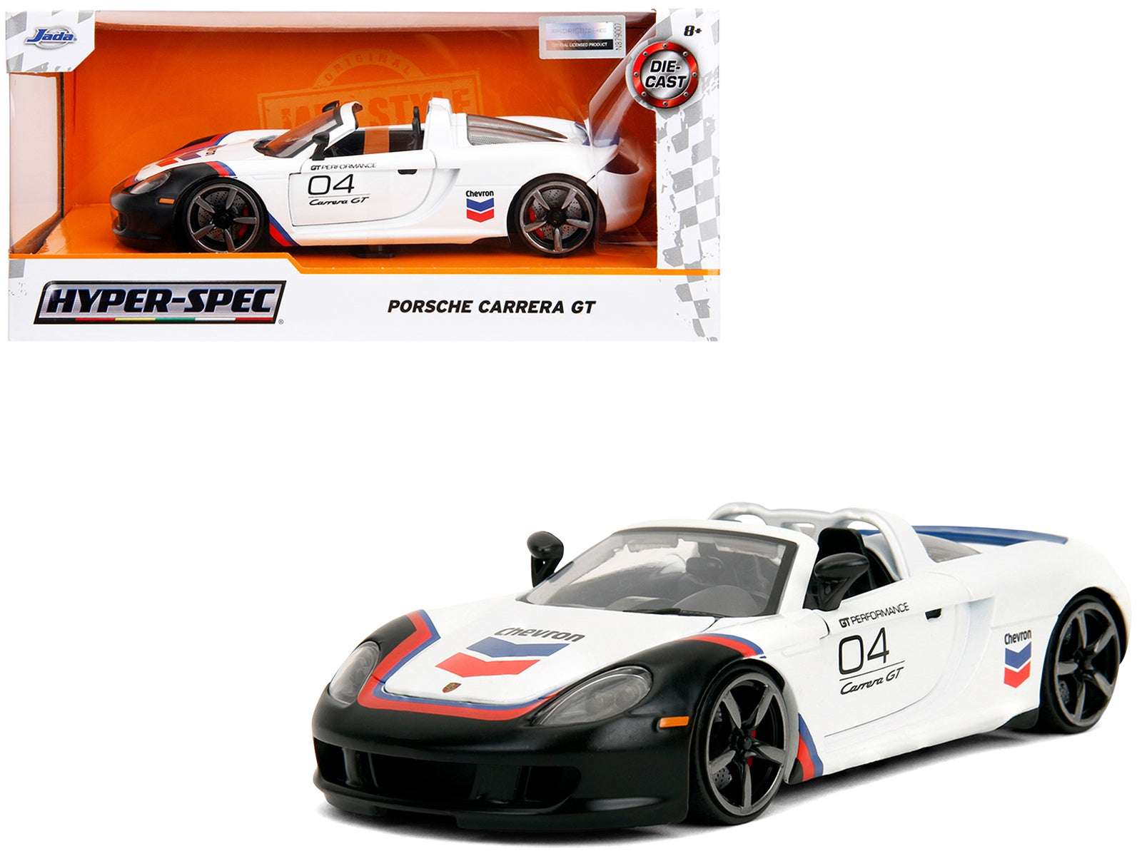 Porsche Carrera GT Convertible #04 "Chevron" White with Graphics "Hyper-Spec" Series 1/24 Diecast Model Car by Jada Miniature Motors Default Title Default Title-