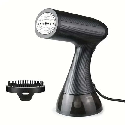 Black handheld steam iron with perforated steam head and brush attachment