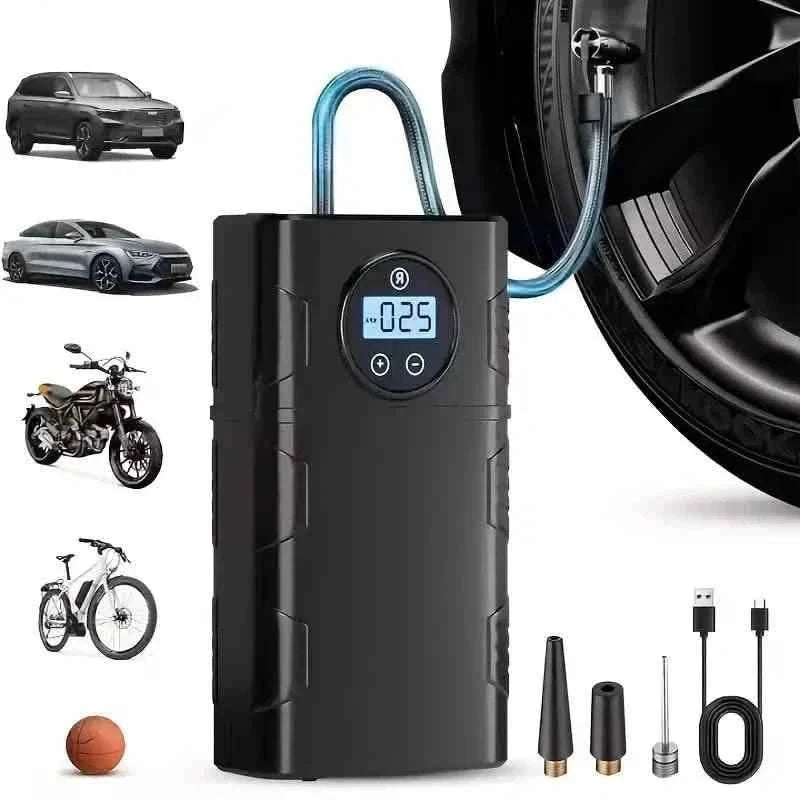 Portable cordless air compressor with digital pressure display and blue air hose