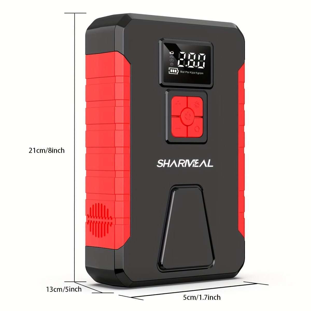 Compact car jump starter measuring diagram on red and black housing