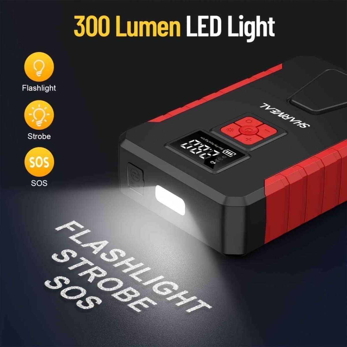 Portable car jump starter with built-in LED flashlight, red and black housing