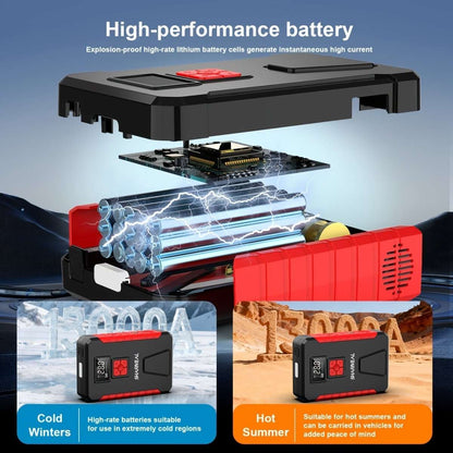 Portable car jump starter with exposed battery cells graphic and red/black design
