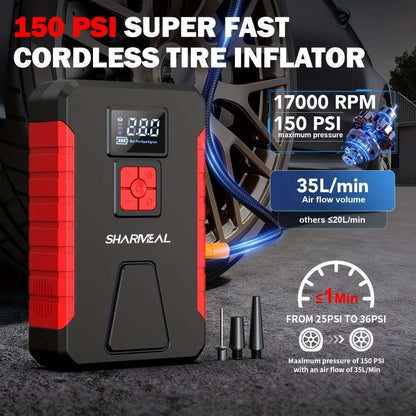 Cordless tire inflator with LED pressure display and red/black body