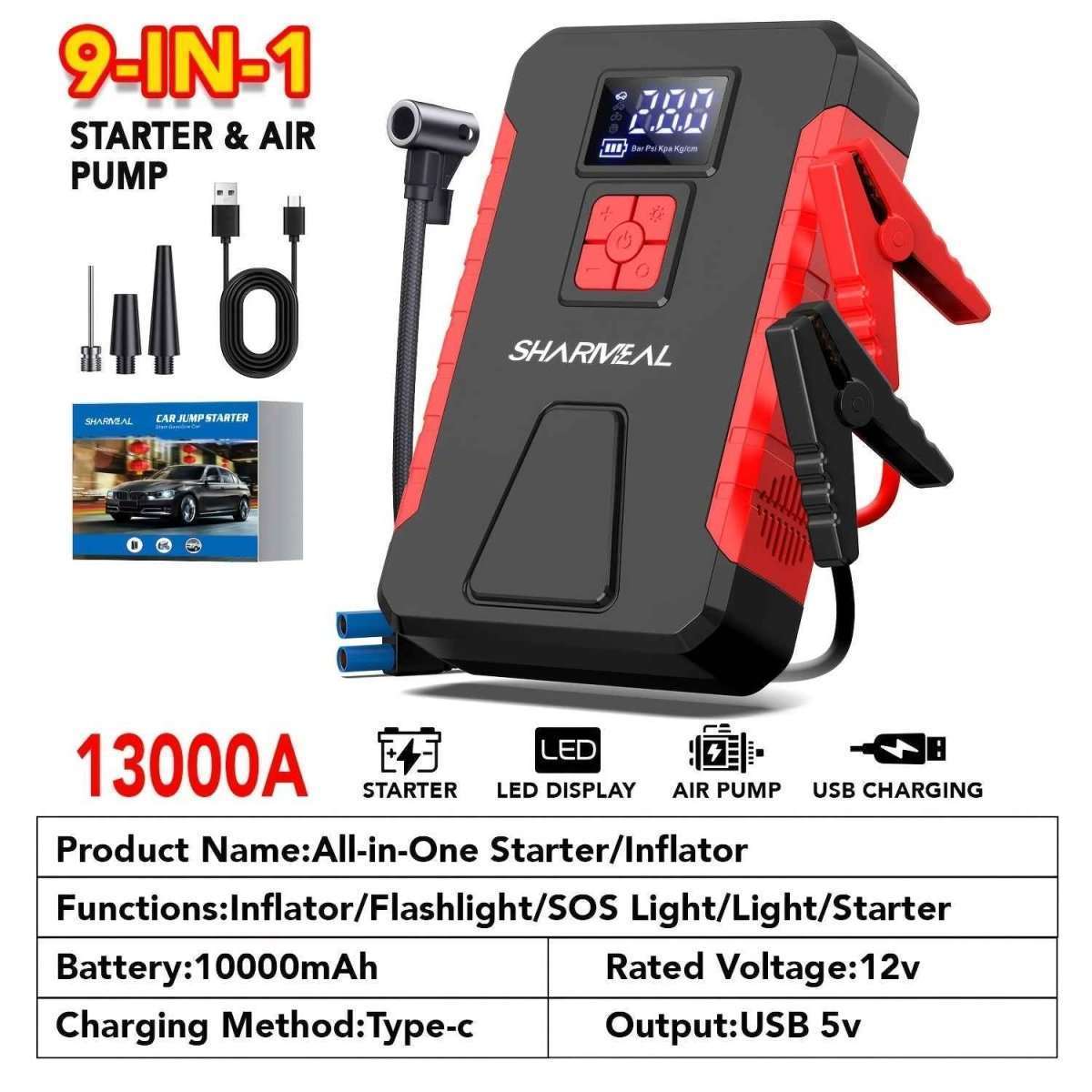 All-in-one jump starter and air pump with LED screen and red/black body