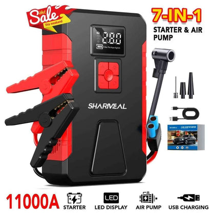 7-in-1 jump starter and air pump with LED display, red and black body